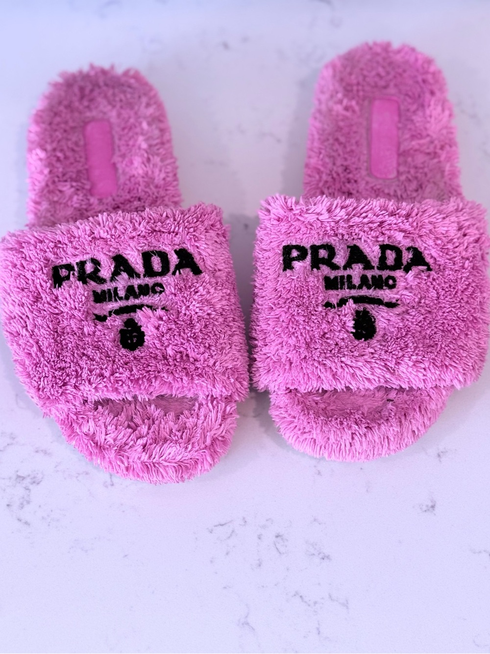Prada Pink Fuzzy Slide Sandals with Black Logo
